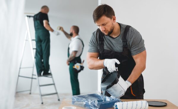 Lovely Space Efficient renovation crew painting white walls of new build home